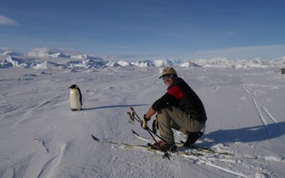 A man next to a penguin in a snowy landscape