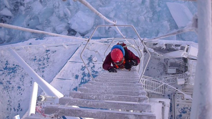 Climbing up to the Crow's Nest on Norwegian research vessel Lance (Markus Frey)