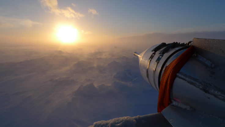 Snow trap in storm: catching blowing snow using a “rocket trap” pointing into the storm (Markus Frey)