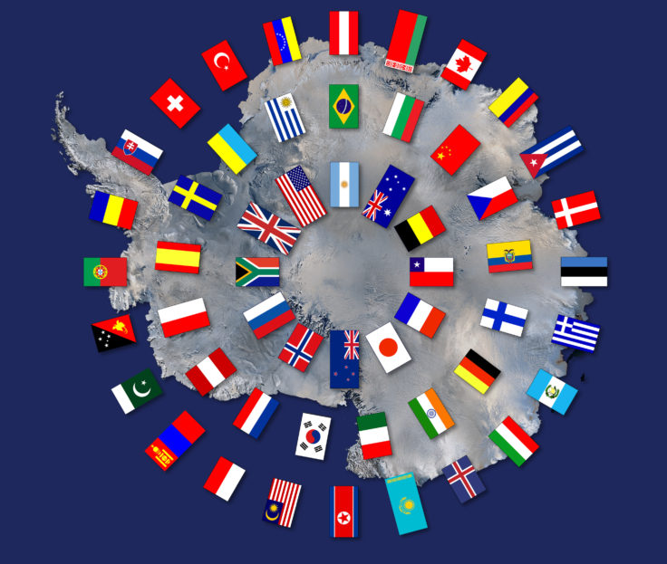 Flags of the 49 nations currently signed up to the Antarctic Treaty, with the original 12 signatories on the inner circle.