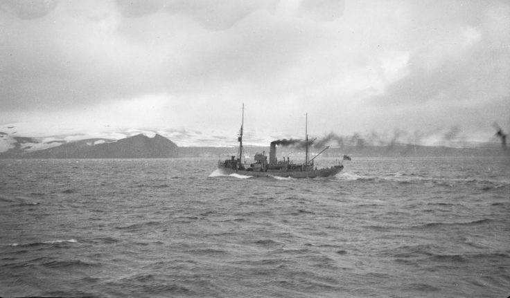 William Scoresby approaching Deception Island, 1944. (Photographer: James Edward Farrington, radio operator; Archives ref: AD6/19/1A/201/3)