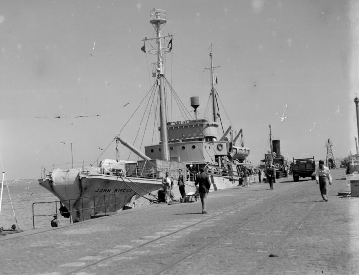 The Biscoe at the quayside, Montevideo, Uruguay, 1949. (Photographer: Robert Moss; Archives ref: AD6/19/2/BM172)