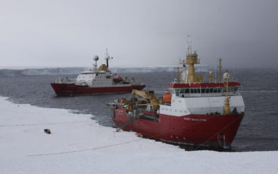 Two large ships at an icy coastline