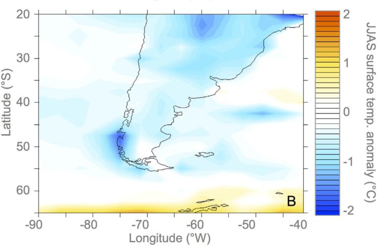 Map of the temperature changes that occurred when the lake drained