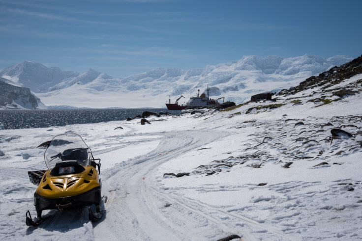 Signy Alpine 3 ski-doo with sledge. JCR anchored in the distance