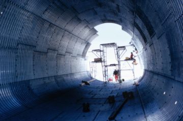 Construction of Halley III, showing interior of the Armco steel tube in which the new station buildings would be housed, 1973 (Archives ref: AD6/19/3/C/Z38). Photographer: Vivian Fuchs (Director, FIDS)