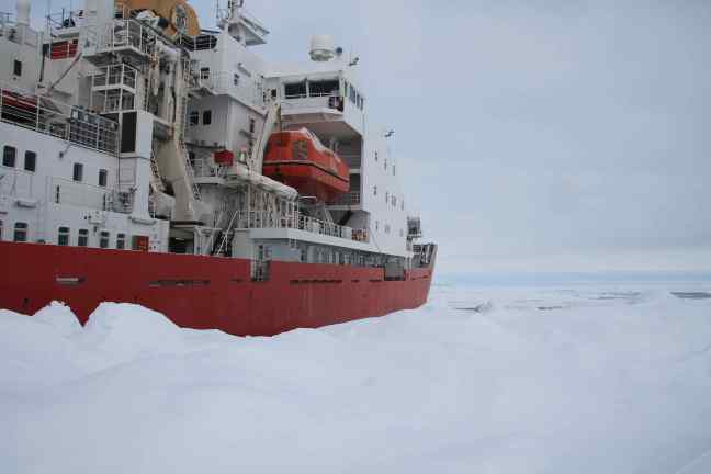 A large ship in the snow.