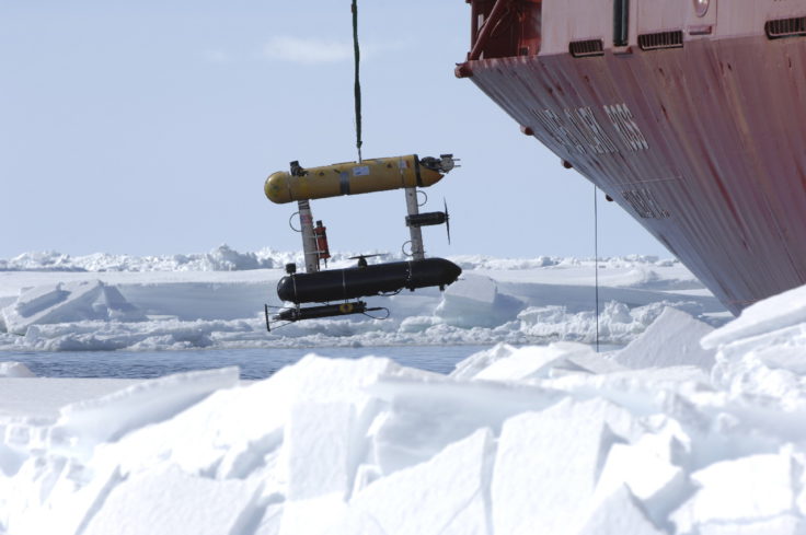 The AUV 'seabed' being deployed from RRS James Clark Ross during the JR240 ICEBell Cruise in the Belingshaussen Sea. 'seabed' is an autonomous underwater vehicle from Woods Hole Oceanographic Institution (WHOI) which, in this instance, carried various 'upward looking' instrumentation to study sea ice from bellow