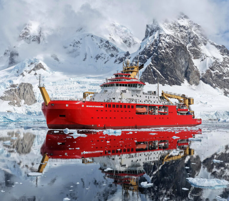 RRS Sir David Attenborough on a perfect day in Antarctica