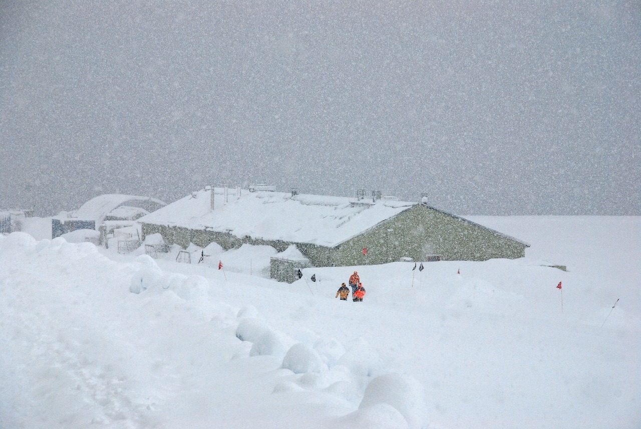 A group of people riding skis across snow covered ground.