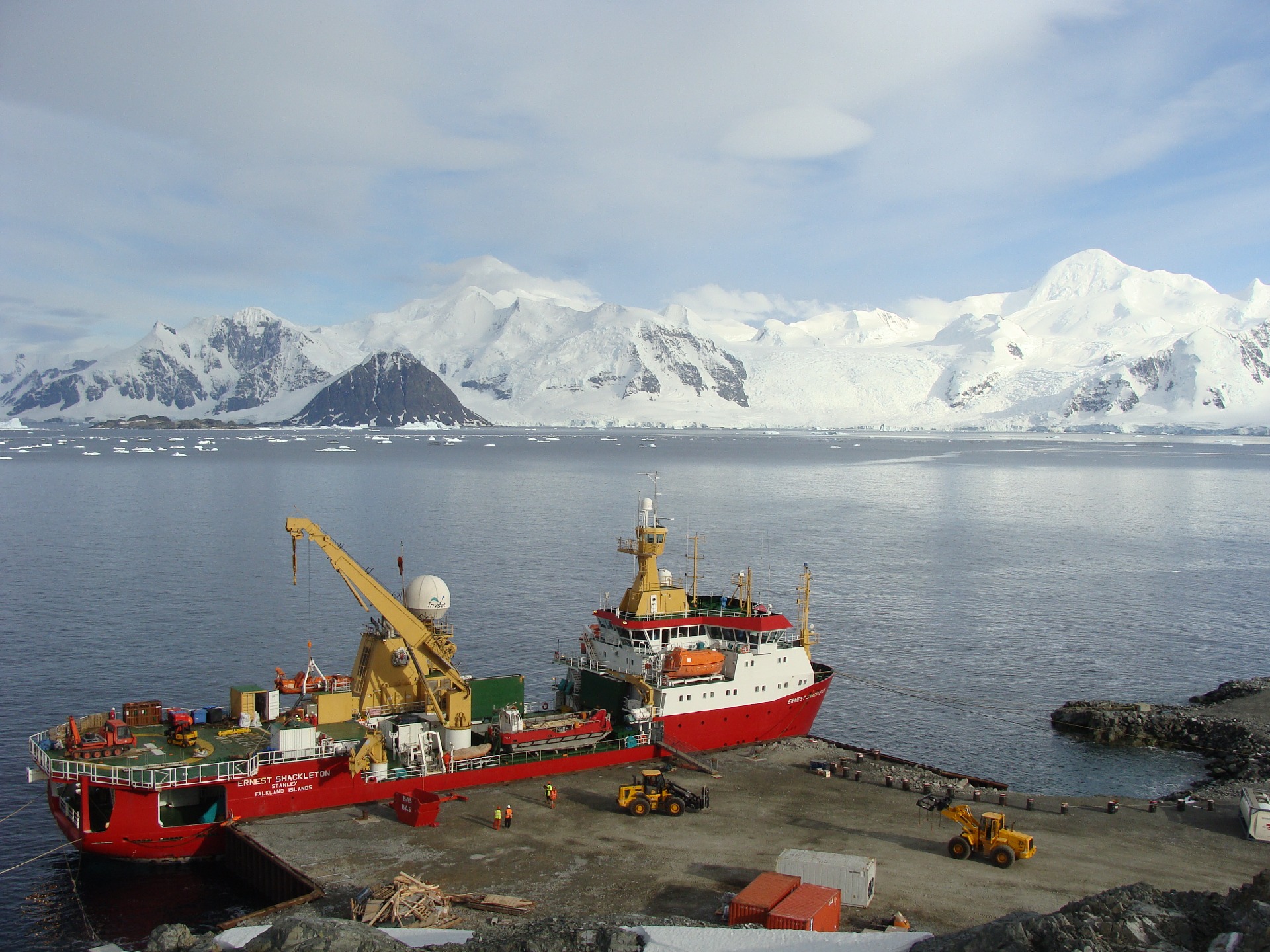 The RRS Ernest Shackleton moored at the wharf of Rothera Research Station