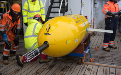 Boaty McBoatface (Autosub Long Range) at its first Antarctic deployment into the Weddell Sea off RRS James Clark Ross