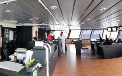 Panoramic view of the RRS Sir David Attenborough's Bridge - a large room with panoramic windows and control desks