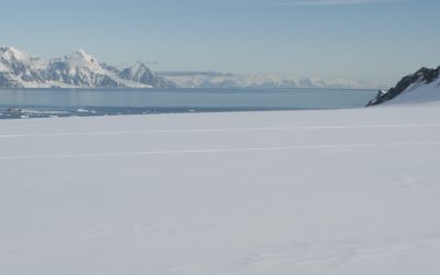 A snowy landscape with the sea in the background