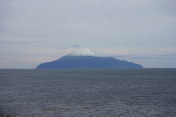 A beach with a mountain in the background.