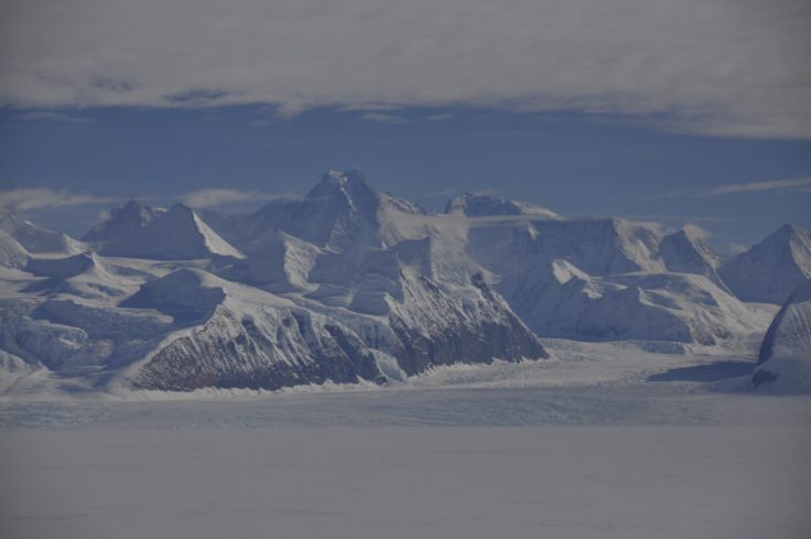 A view of a snow covered mountain.