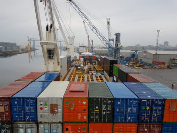 A large ship in the background.