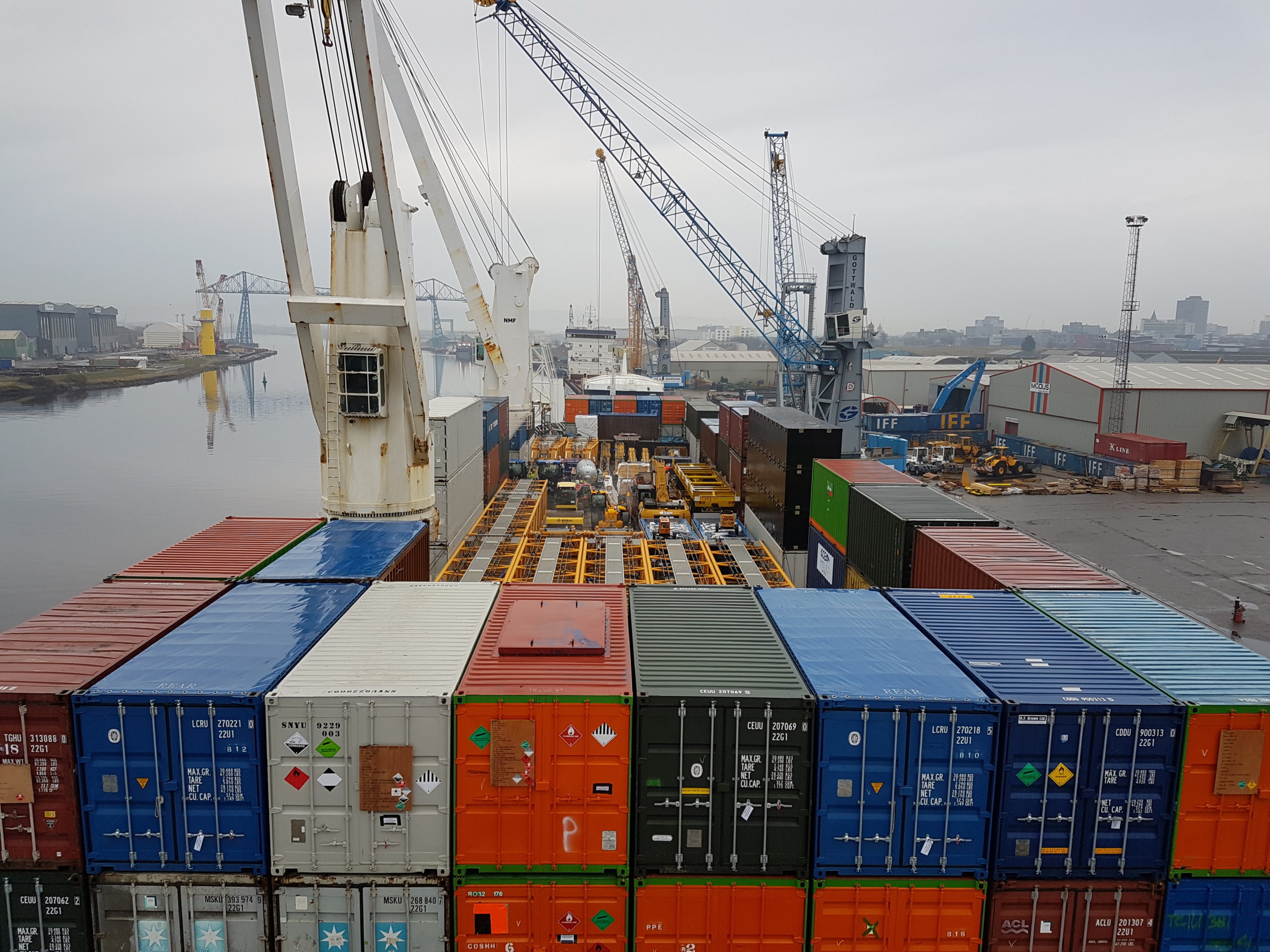 A large ship in the background.