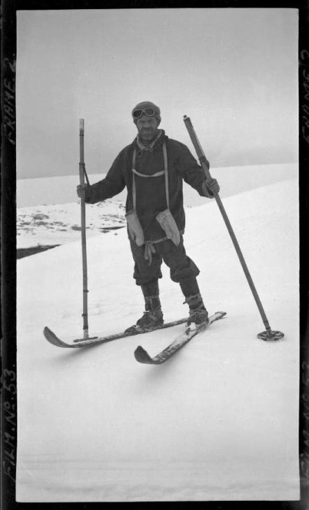 Lt. Cdr. James Marr in sledging outfit ready for manhaul, Port Lockroy, 29th October 1944. Photographer: I M Lamb. Archive ref: AD6/19/1/A53/2