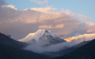 A snow covered mountain.