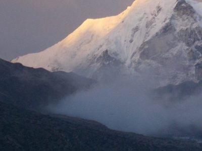 A snow covered mountain.