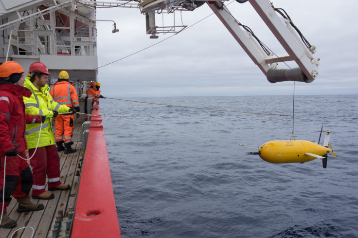 Boaty McBoatface (Autosub Long Range) during its first Antarctic deployment into the Weddell Sea off RRS James Clark Ross