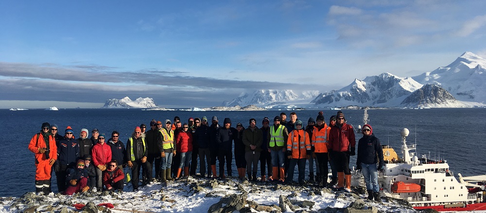 New Rothera Wharf with Construction Team and BAS colleagues overlooking the RRS James Clark Ross