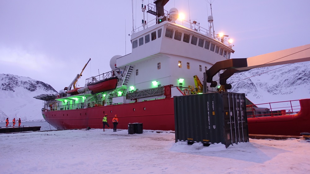 MV Pharos SG alongside the new wharf at King Edward Point Research Station in South Georgia