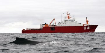 A research ship on the sea with a whale in the foreground