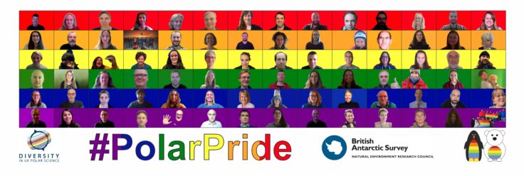 A human pride flag featuring BAS staff against rainbow background
