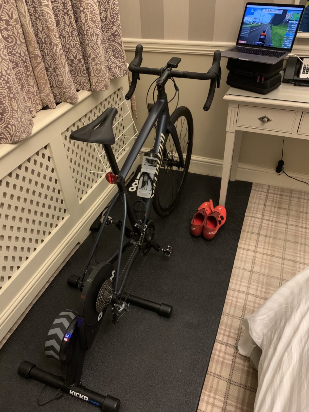 Photo of turbo bike trainer and laptop for Matthew Phillips while quaranting