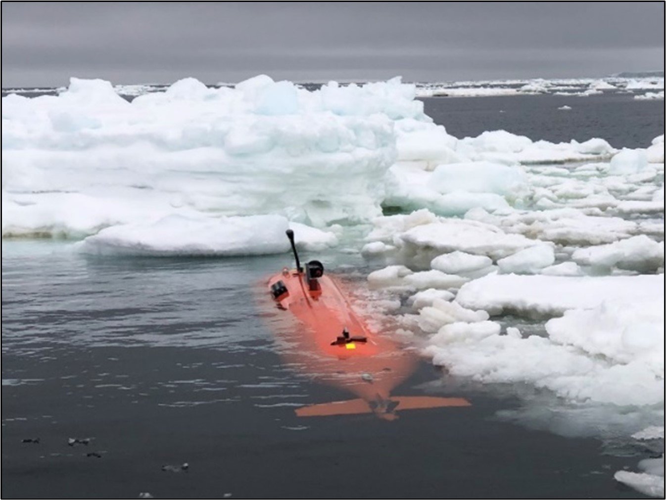 An orange submersible is partly visible in the water, with ice floating next to it