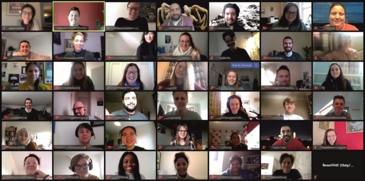 Group photo from zoom call, featuring a group of people each on their small screen