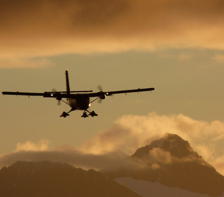 Twin Otter aircraft approaching Rothera Research Station