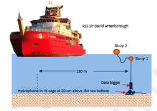 Diagram of a red ship above the sea. There are two buoys floating in the water attached to a representation of a data logger and hydrophone on the sea bed. 