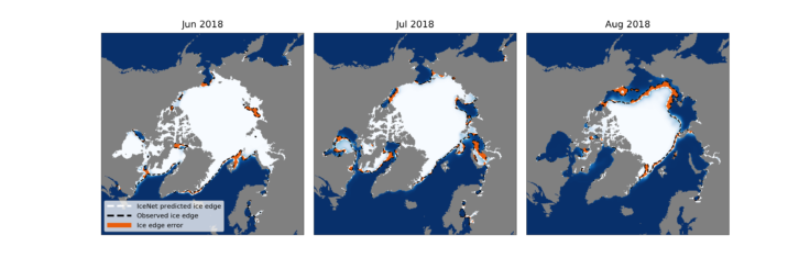 Three maps showing Arctic sea ice projections