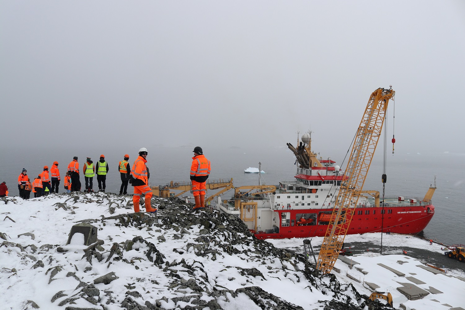 RRS Sir David Attenborough arrival at Rothera Wharf in Antarctica