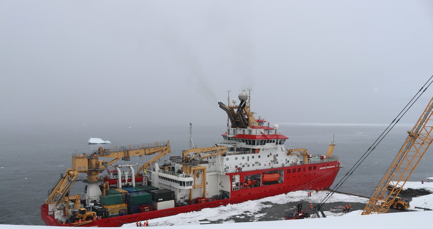 RRS Sir David Attenborough alongside Rothera Wharf