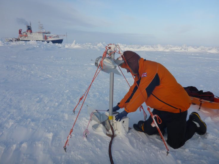 Dr Markus Frey works on the sea ice with RV <em>Polarstern</em> as part of the MOSAiC expedition