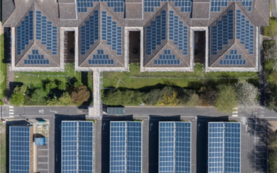 Aerial photo of a range of buildings with solar PV