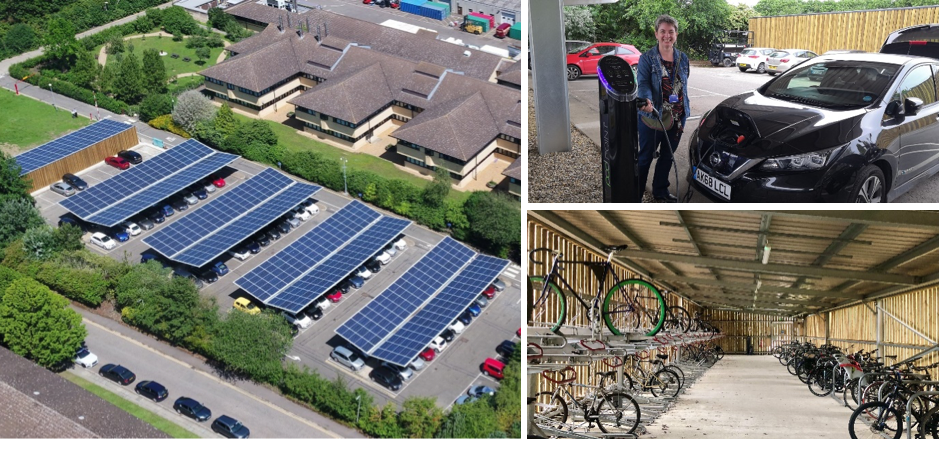 Solar canopy on car park, locked bike shed, electric car charging point