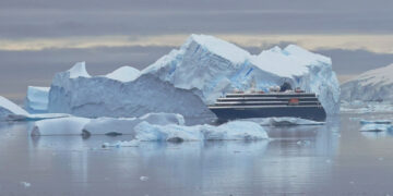 cruise ship exiting the Lemaire Channel, Antarctica