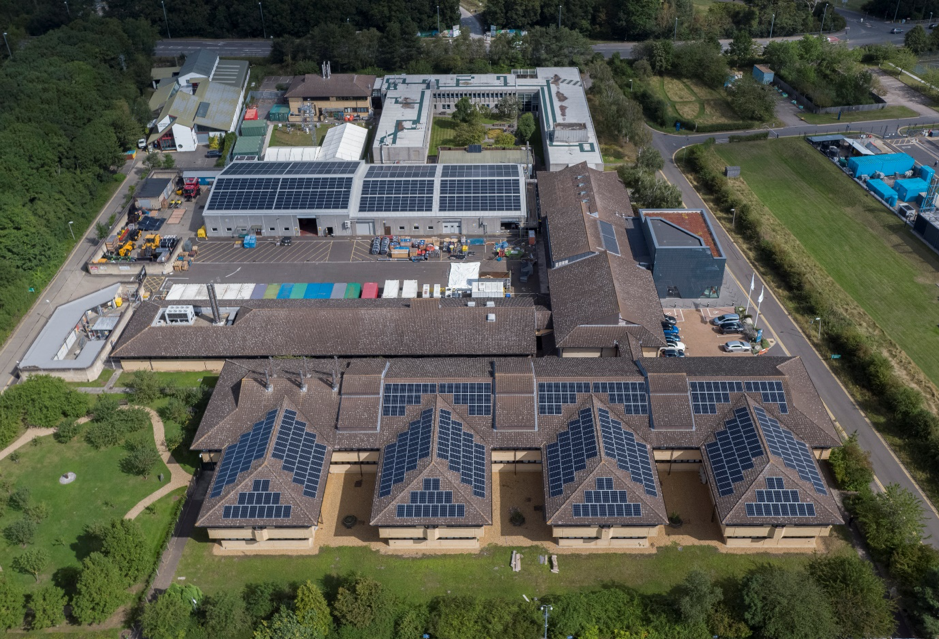 Aerial photo of solar panels on roof of buildings at BAS Cambridge HQ 
