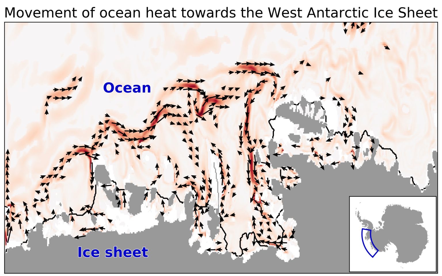 Infográfico mostrando o fortalecimento das correntes de água quente no Mar de Amundsen
