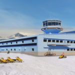 Artist impression of the new Discovery Building for science in Antarctica with snow and blue sky in the background
