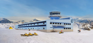 Artist impression of the new Discovery Building for science in Antarctica with snow and blue sky in the background