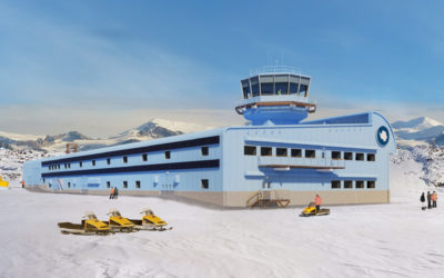 Artist impression of the new Discovery Building for science in Antarctica with snow and blue sky in the background