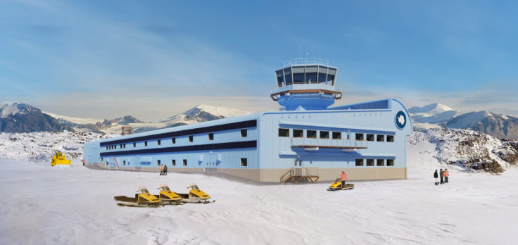 Artist impression of the new Discovery Building for science in Antarctica with snow and blue sky in the background