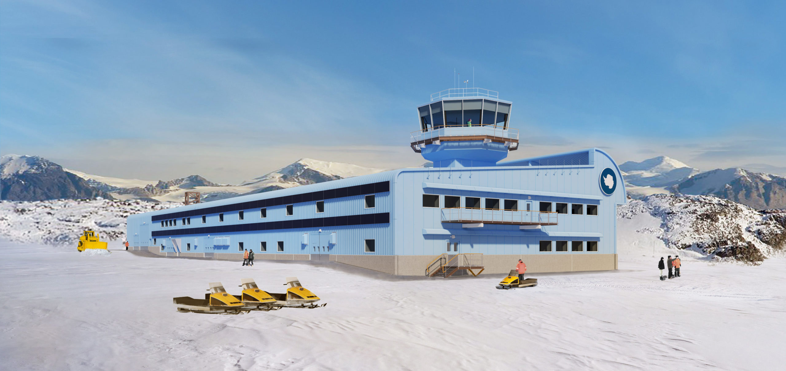 Artist impression of the new Discovery Building for science in Antarctica with snow and blue sky in the background