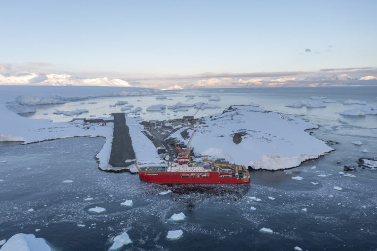 The RRS Sir David Attenborough at Rothera Research Station. Photo credit_Will Clark